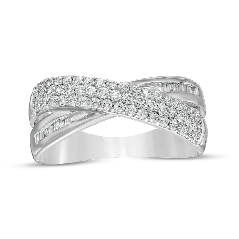 0.45 CT. T.W. Baguette and Round Diamond Crossover Anniversary Band in 10K White Gold