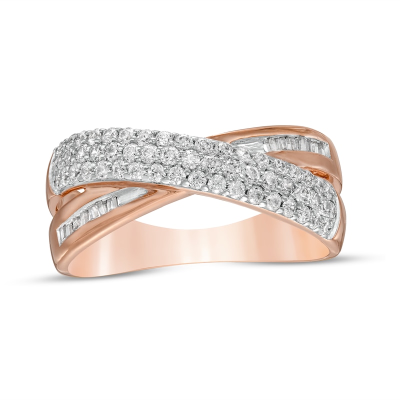 0.45 CT. T.W. Baguette and Round Diamond Crossover Anniversary Band in 10K Rose Gold