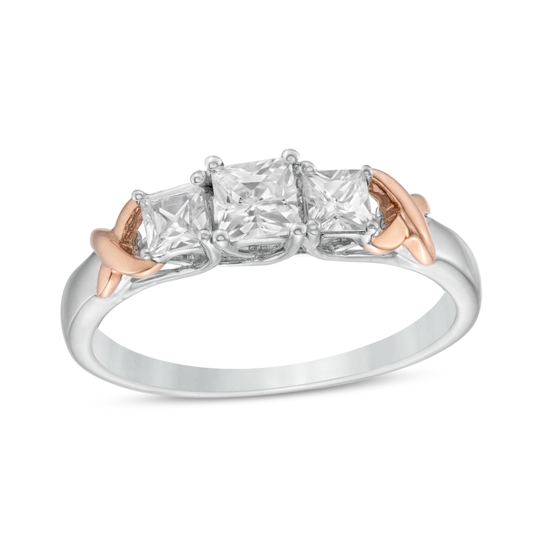 0.58 CT. T.W. Princess-Cut Diamond Three Stone Rose-Tone "X" Shank Ring in 10K Two-Tone Gold