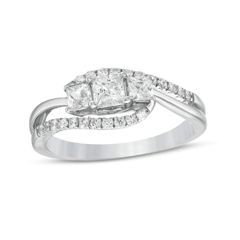 0.69 CT. T.W. Princess-Cut and Round Diamond Three Stone Bypass Ring in 10K White Gold