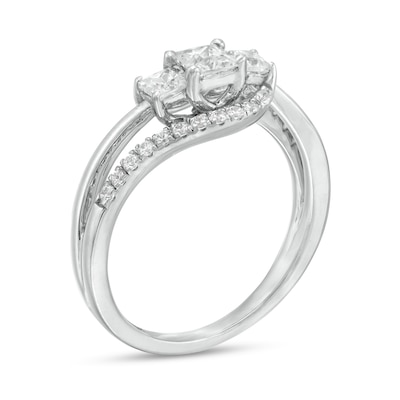 0.69 CT. T.W. Princess-Cut and Round Diamond Three Stone Bypass Ring in 10K White Gold