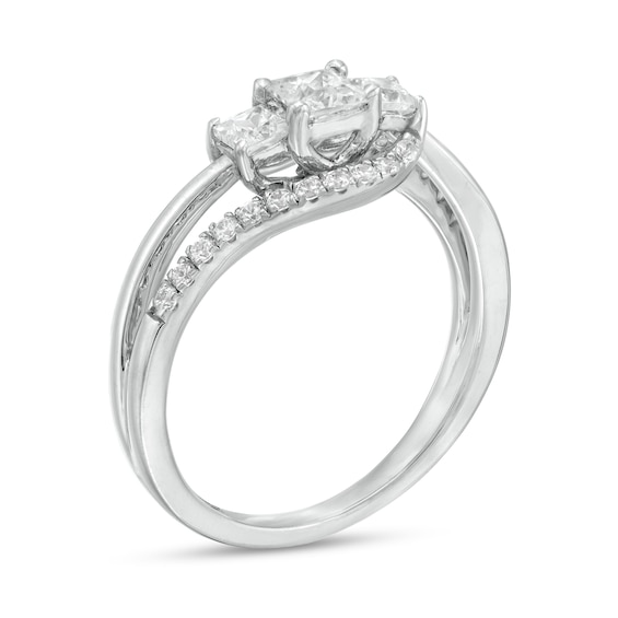 0.69 CT. T.W. Princess-Cut and Round Diamond Three Stone Bypass Ring in 10K White Gold
