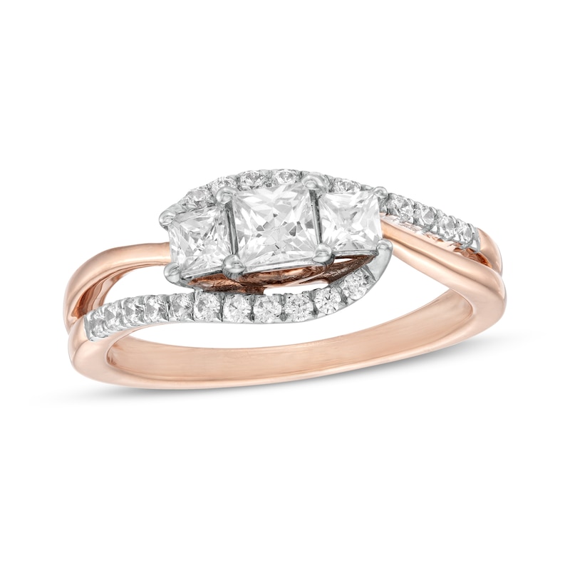 0.69 CT. T.W. Princess-Cut and Round Diamond Three Stone Bypass Ring in 10K Rose Gold