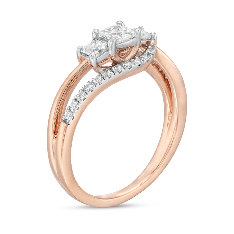 0.69 CT. T.W. Princess-Cut and Round Diamond Three Stone Bypass Ring in 10K Rose Gold