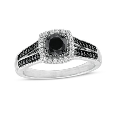 0.70 CT. T.W. Black Enhanced and White Diamond Cushion Frame Split Shank Engagement Ring in 10K White Gold