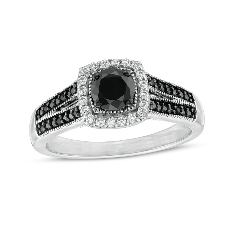 0.70 CT. T.W. Black Enhanced and White Diamond Cushion Frame Split Shank Engagement Ring in 10K White Gold