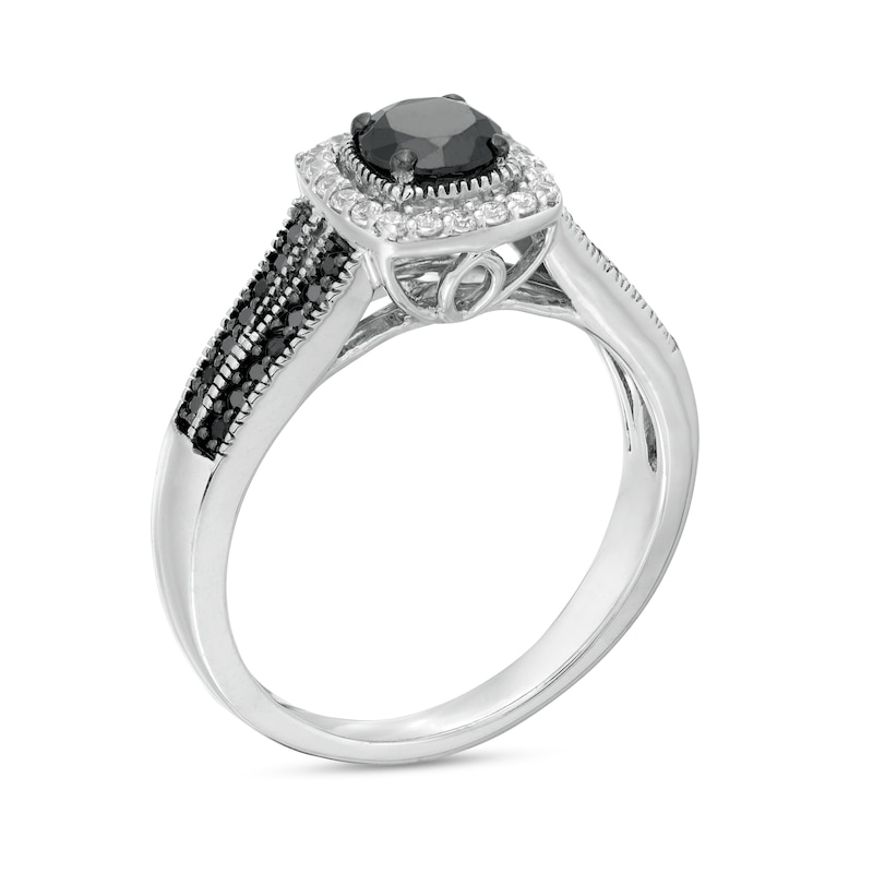 0.70 CT. T.W. Black Enhanced and White Diamond Cushion Frame Split Shank Engagement Ring in 10K White Gold