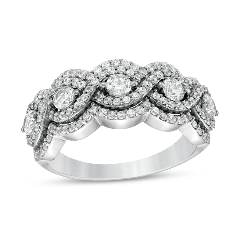 0.95 CT. T.W. Diamond Five Stone Twist Scallop Edge Ring in 10K White Gold