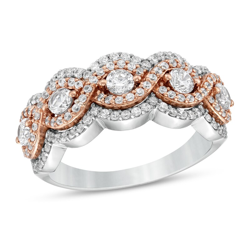 0.95 CT. T.W. Diamond Five Stone Twist Scallop Edge Ring in 10K Two-Tone Gold