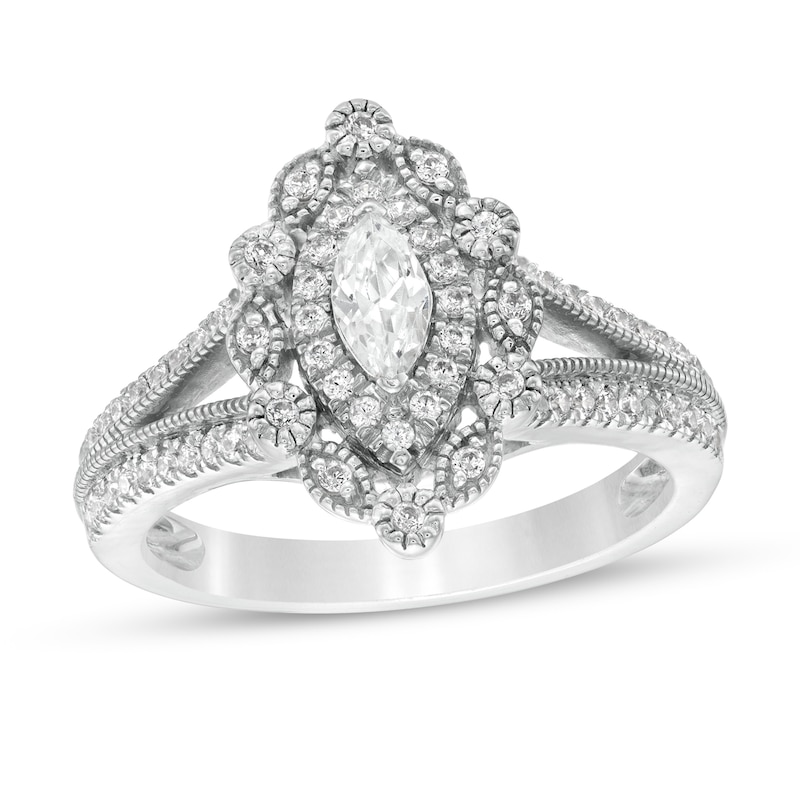0.69 CT. T.W. Marquise and Round Diamond Alternating Frame Vintage-Style Engagement Ring in 10K White Gold