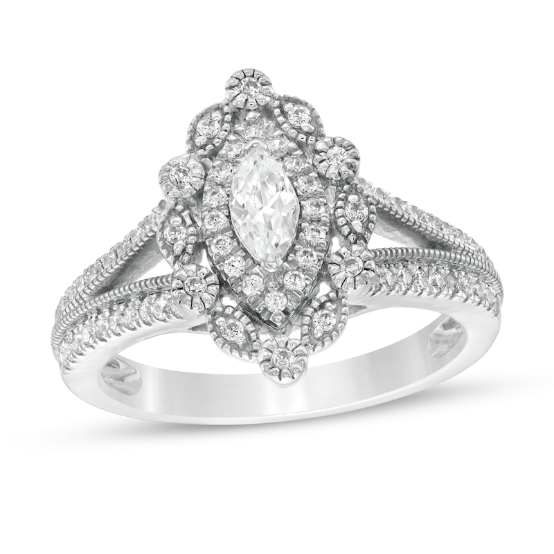 0.69 CT. T.W. Marquise and Round Diamond Alternating Frame Vintage-Style Engagement Ring in 10K Gold|Peoples Jewellers