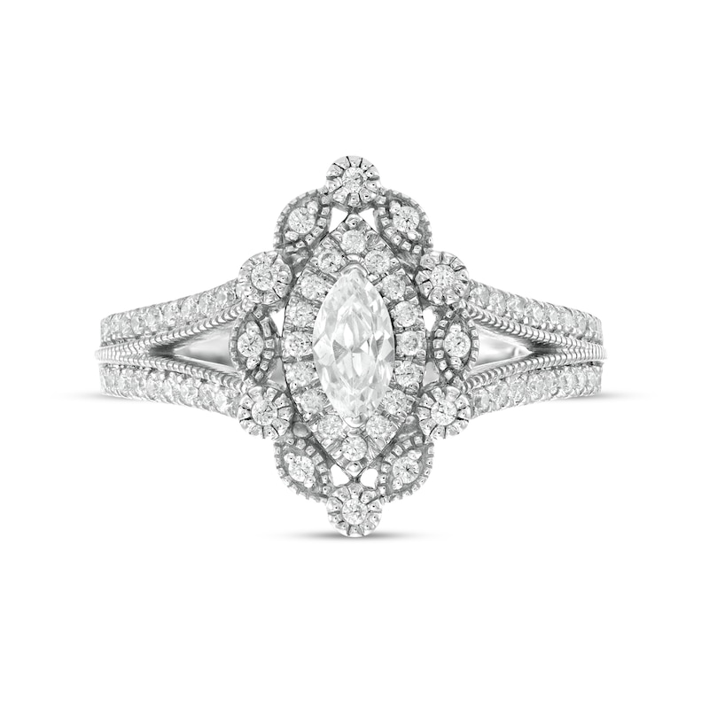 0.69 CT. T.W. Marquise and Round Diamond Alternating Frame Vintage-Style Engagement Ring in 10K White Gold