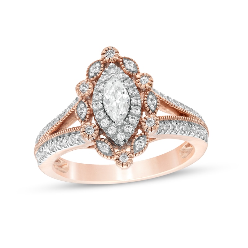 0.69 CT. T.W. Marquise and Round Diamond Alternating Frame Vintage-Style Engagement Ring in 10K Rose Gold