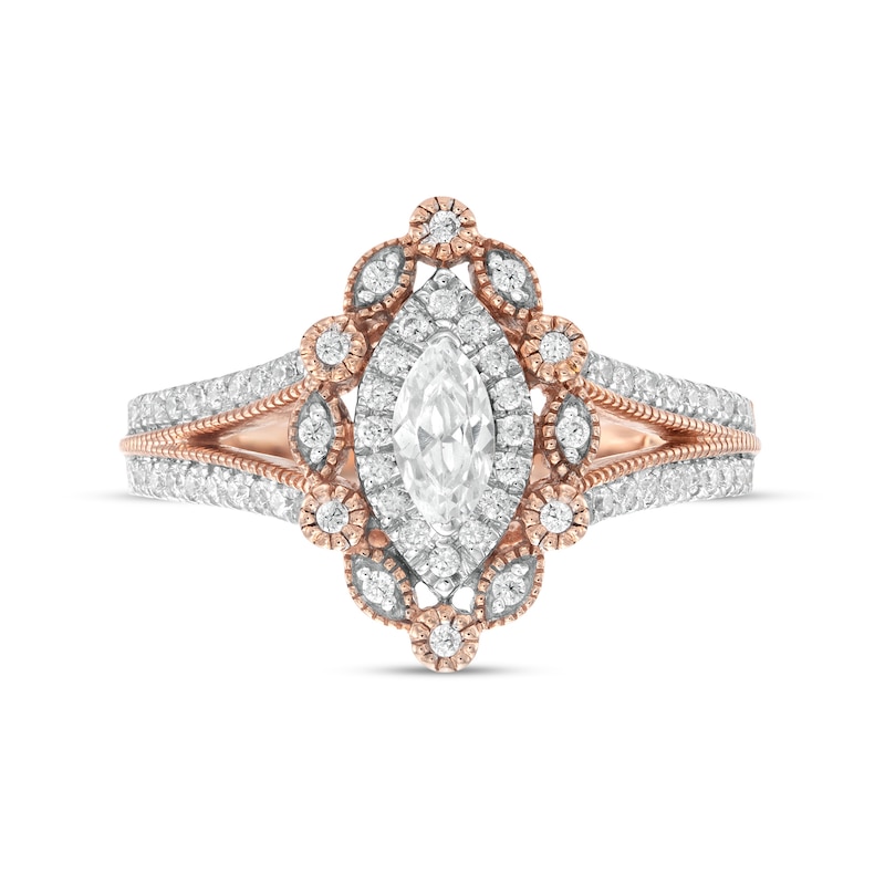 Main Image 4 of 0.69 CT. T.W. Marquise and Round Diamond Alternating Frame Vintage-Style Engagement Ring in 10K Rose Gold