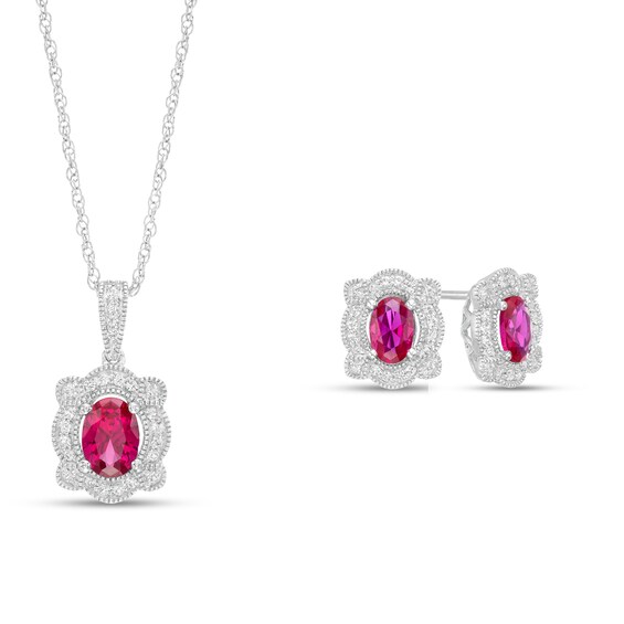 Oval Lab-Created Ruby and White Sapphire Frame Vintage-Style Pendant and Stud Earrings Set in Sterling Silver