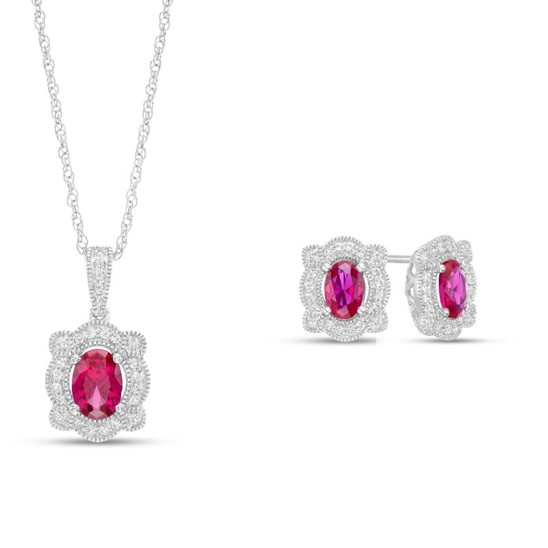 Main Image 1 of Oval Lab-Created Ruby and White Sapphire Frame Vintage-Style Pendant and Stud Earrings Set in Sterling Silver