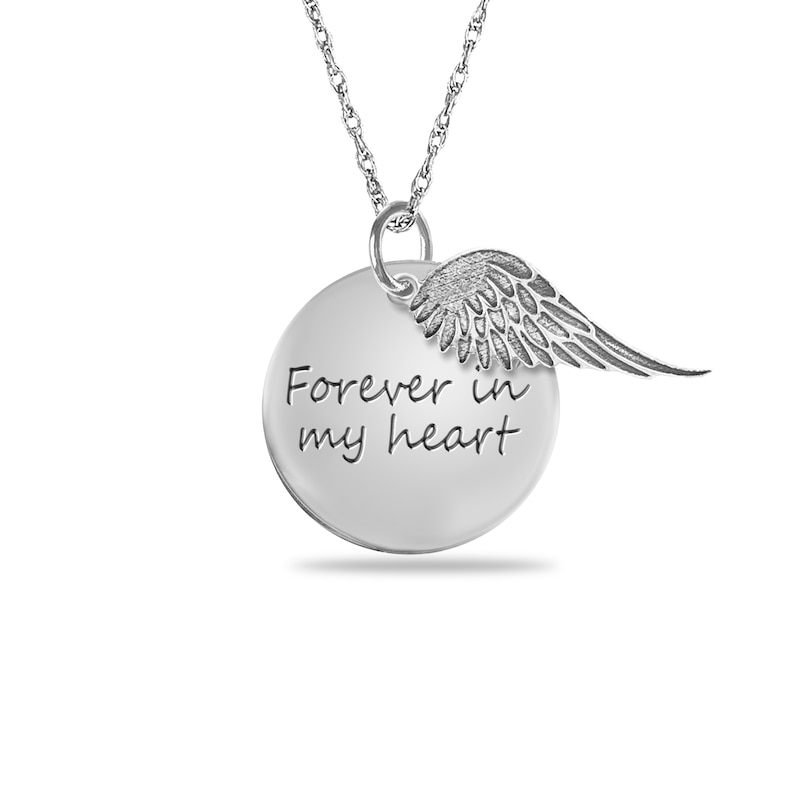 Main Image 1 of Engravable "Forever in my heart" Your Own Handwriting and Angel Wing Charm Disc Pendant in Sterling Silver (1 Image and 2 Lines)