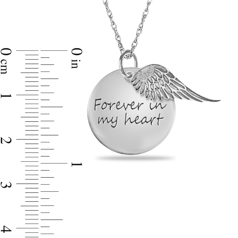 Main Image 2 of Engravable "Forever in my heart" Your Own Handwriting and Angel Wing Charm Disc Pendant in Sterling Silver (1 Image and 2 Lines)