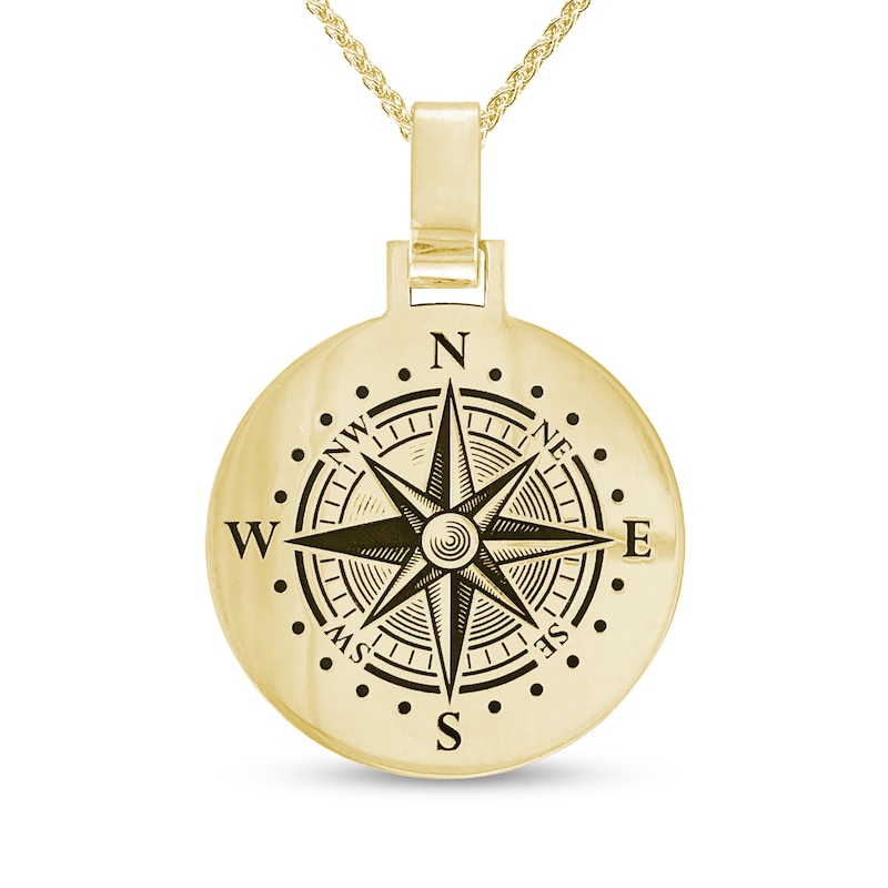 Men's Engravable Compass Disc Pendant in 10K White or Yellow Gold (1-4 Lines)