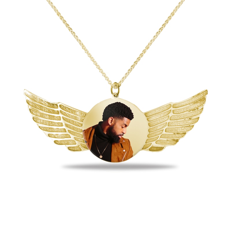 Men's Engravable Photo Disc with Angel Wings Pendant in 10K White or Yellow Gold (1 Image and 4 Lines)|Peoples Jewellers