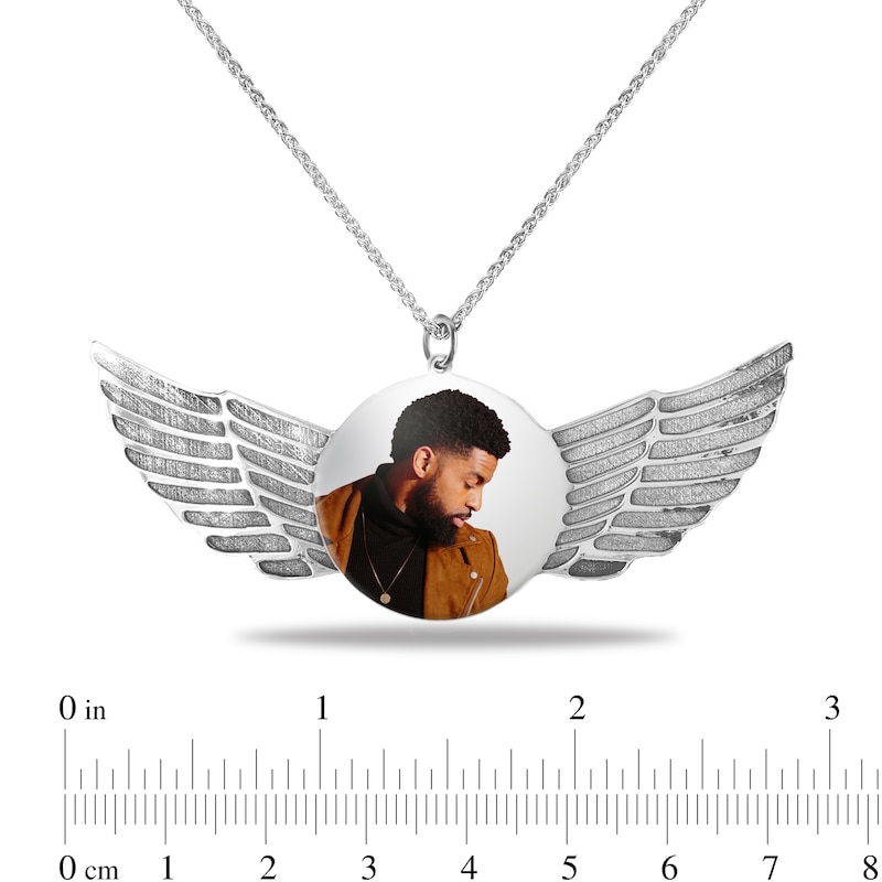 Men's Engravable Photo Disc with Angel Wings Pendant in 10K White or Yellow Gold (1 Image and 4 Lines)