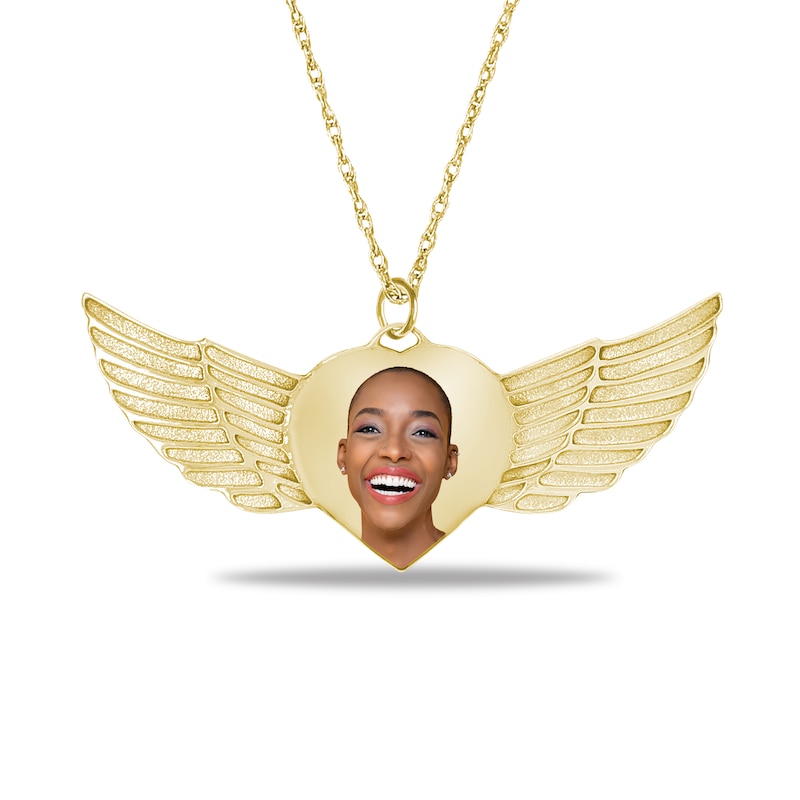 Main Image 1 of Engravable Photo Heart with Angel Wings Pendant in 10K White, Yellow or Rose Gold (1 Image and 3 Lines)