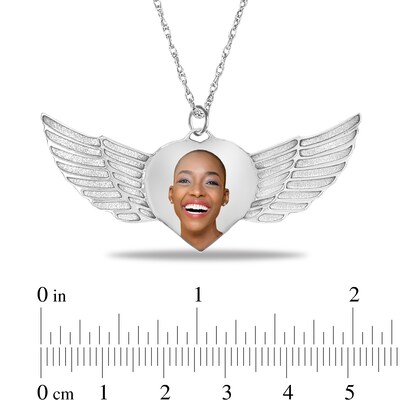 Engravable Photo Heart with Angel Wings Pendant in 10K White, Yellow or Rose Gold (1 Image and 3 Lines)