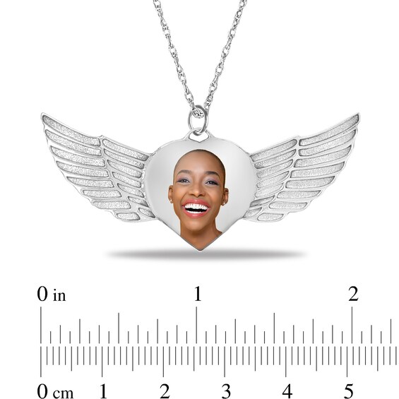 Engravable Photo Heart with Angel Wings Pendant in 10K White, Yellow or Rose Gold (1 Image and 3 Lines)