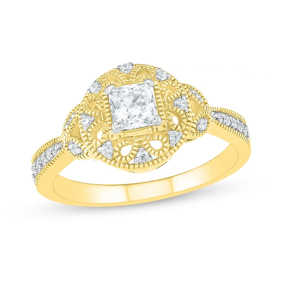 0.45 CT. T.W. Princess-Cut and Round Diamond Frame Vintage-Style Art Deco Engagement Ring in 10K Gold