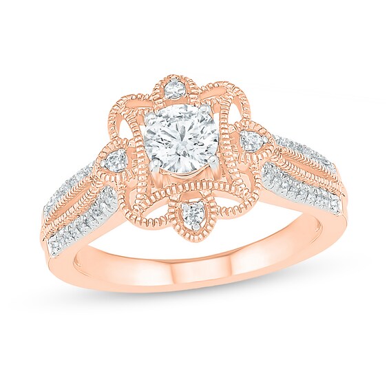 0.58 CT. T.W. Diamond Flower Frame Vintage-Style Engagement Ring in 10K Rose Gold