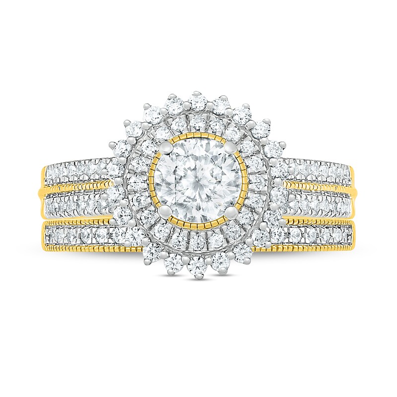 0.95 CT. T.W. Diamond Sunburst Frame Vintage-Style Bridal Set in 10K Gold