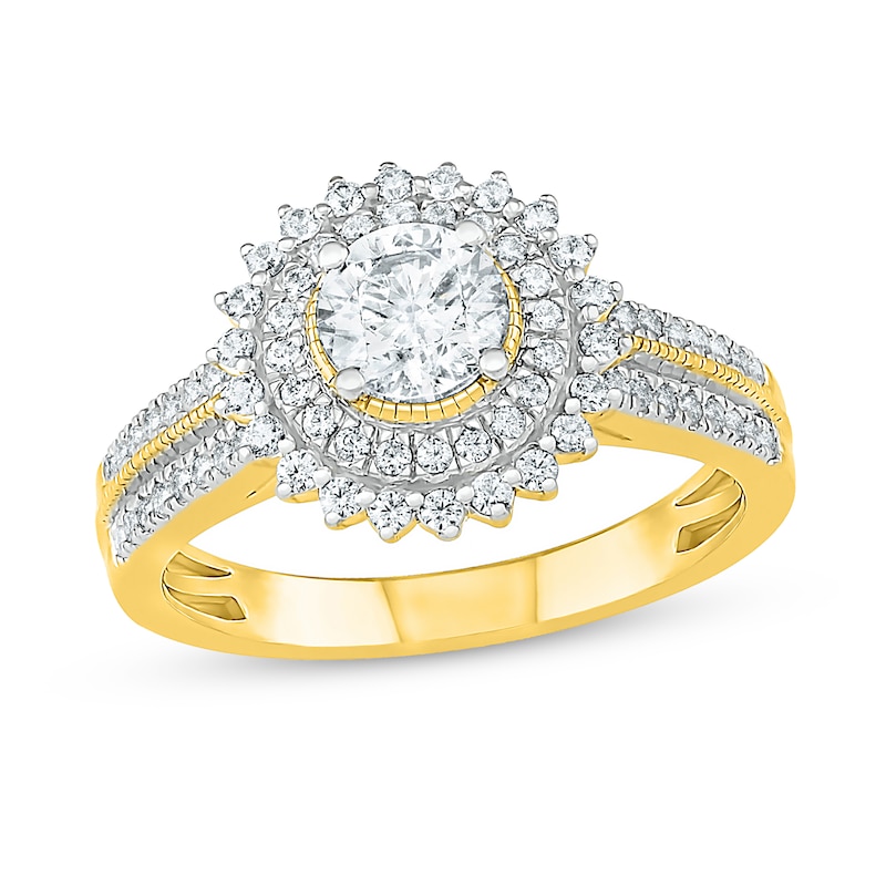 0.95 CT. T.W. Diamond Sunburst Frame Vintage-Style Bridal Set in 10K Gold