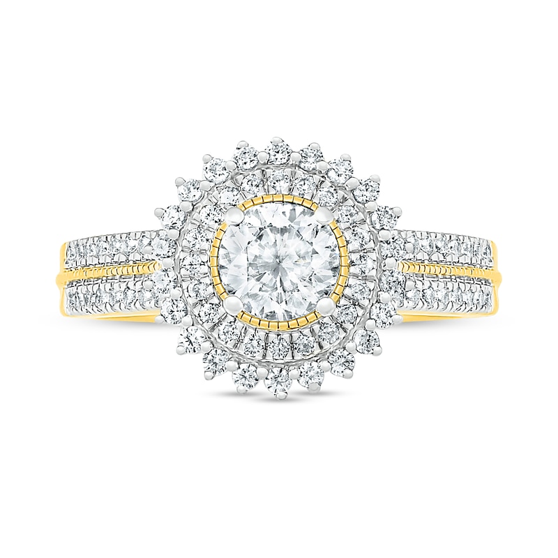 0.95 CT. T.W. Diamond Sunburst Frame Vintage-Style Bridal Set in 10K Gold