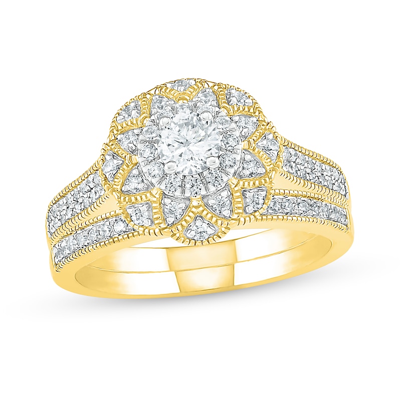 0.69 CT. T.W. Diamond Scallop Edge Frame Vintage-Style Bridal Set in 10K Gold