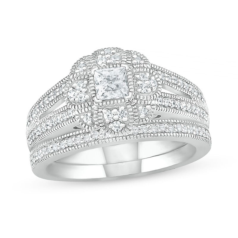 0.58 CT. T.W. Princess-Cut Diamond Frame Art Deco Vintage-Style Bridal Set in 10K White Gold