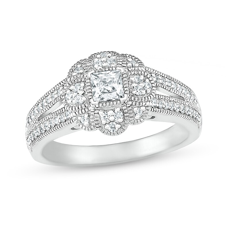 0.58 CT. T.W. Princess-Cut Diamond Frame Art Deco Vintage-Style Bridal Set in 10K White Gold
