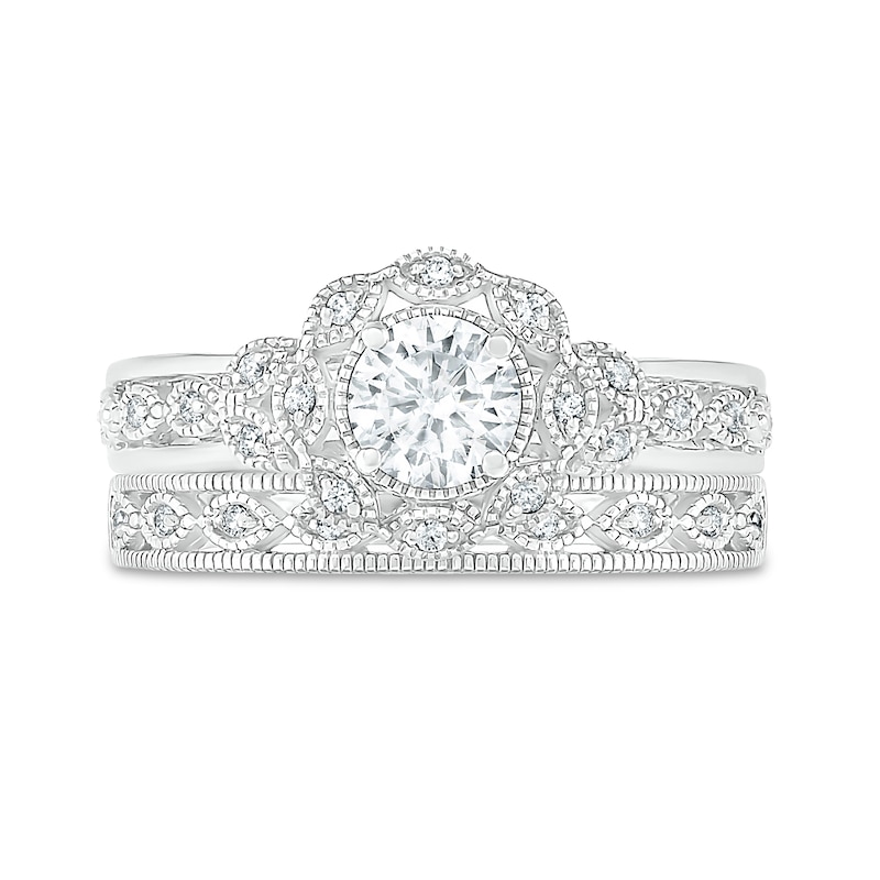 0.58 CT. T.W. Diamond Scallop Edge Frame Vintage-Style Bridal Set in 10K White Gold