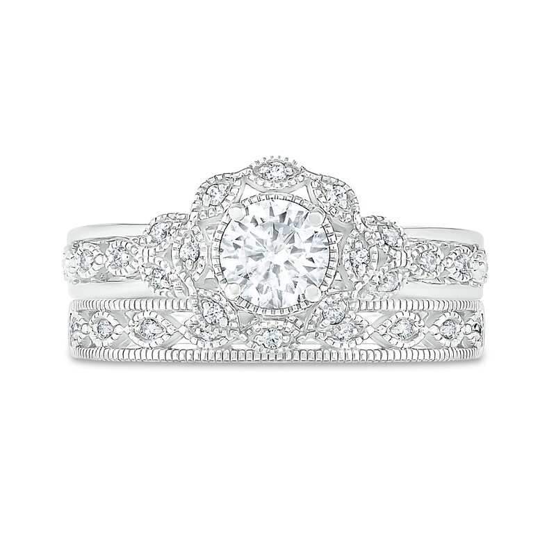 0.58 CT. T.W. Diamond Scallop Edge Frame Vintage-Style Bridal Set in 10K White Gold