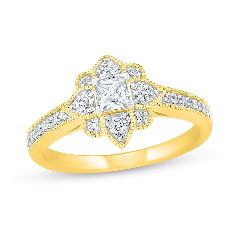 0.45 CT. T.W. Princess-Cut Diamond Flower Frame Vintage-Style Engagement Ring in 10K Gold