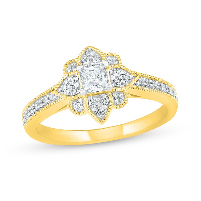 0.45 CT. T.W. Princess-Cut Diamond Flower Frame Vintage-Style Engagement Ring in 10K Gold|Peoples Jewellers