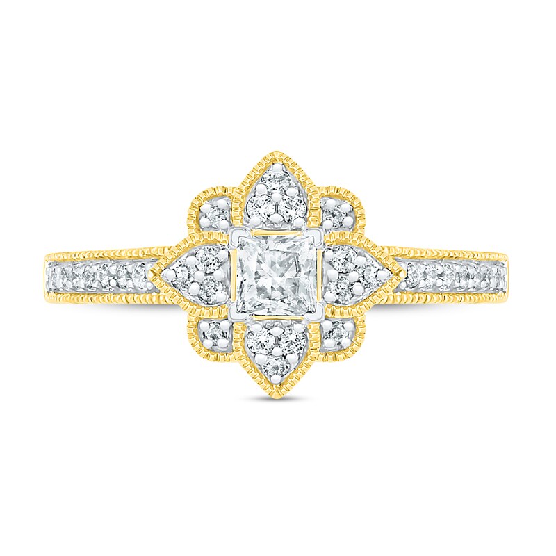 0.45 CT. T.W. Princess-Cut Diamond Flower Frame Vintage-Style Engagement Ring in 10K Gold