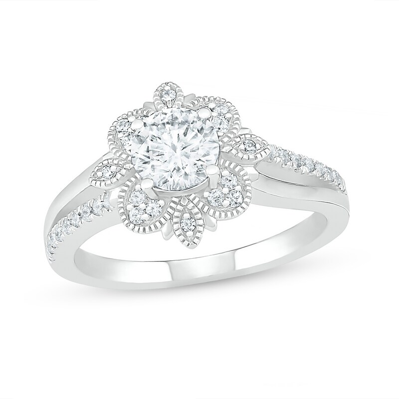 0.95 CT. T.W. Diamond Flower Frame Vintage-Style Engagement Ring in 10K White Gold