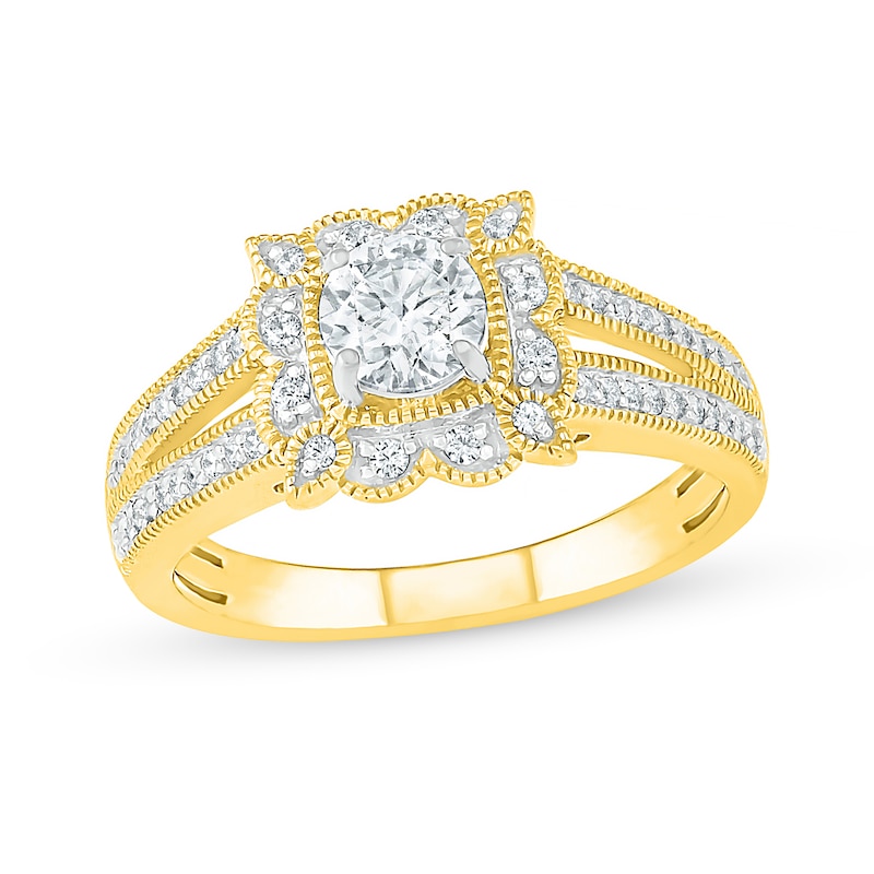 0.69 CT. T.W. Diamond Scalloped Square Frame Vintage-Style Engagement Ring in 10K Gold
