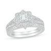 Thumbnail Image 0 of 0.69 CT. T.W. Princess-Cut Diamond Flower Frame Vintage-Style Bridal Set in 10K White Gold