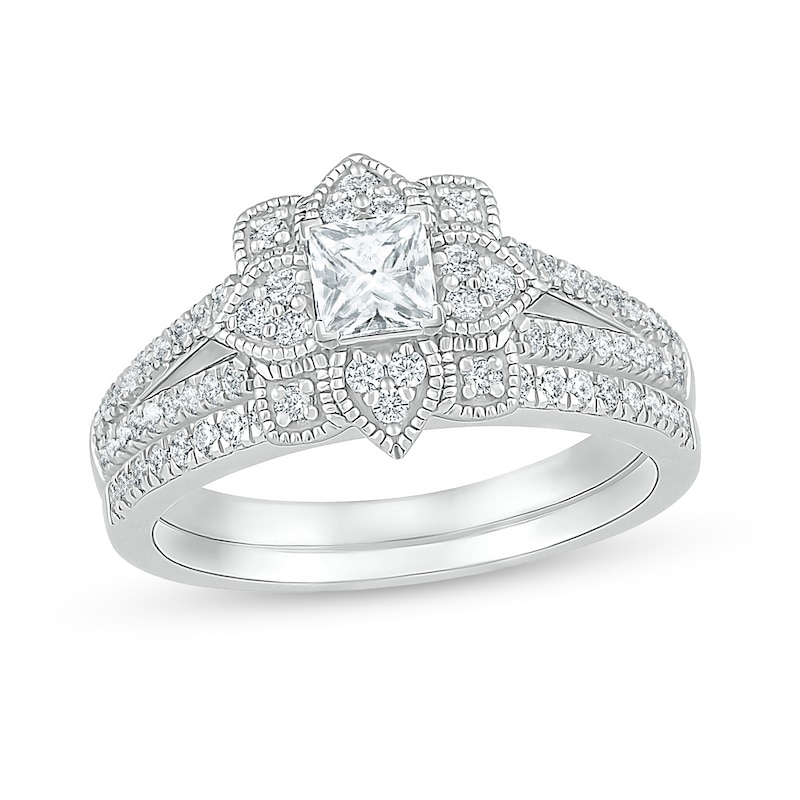 0.69 CT. T.W. Princess-Cut Diamond Flower Frame Vintage-Style Bridal Set in 10K White Gold