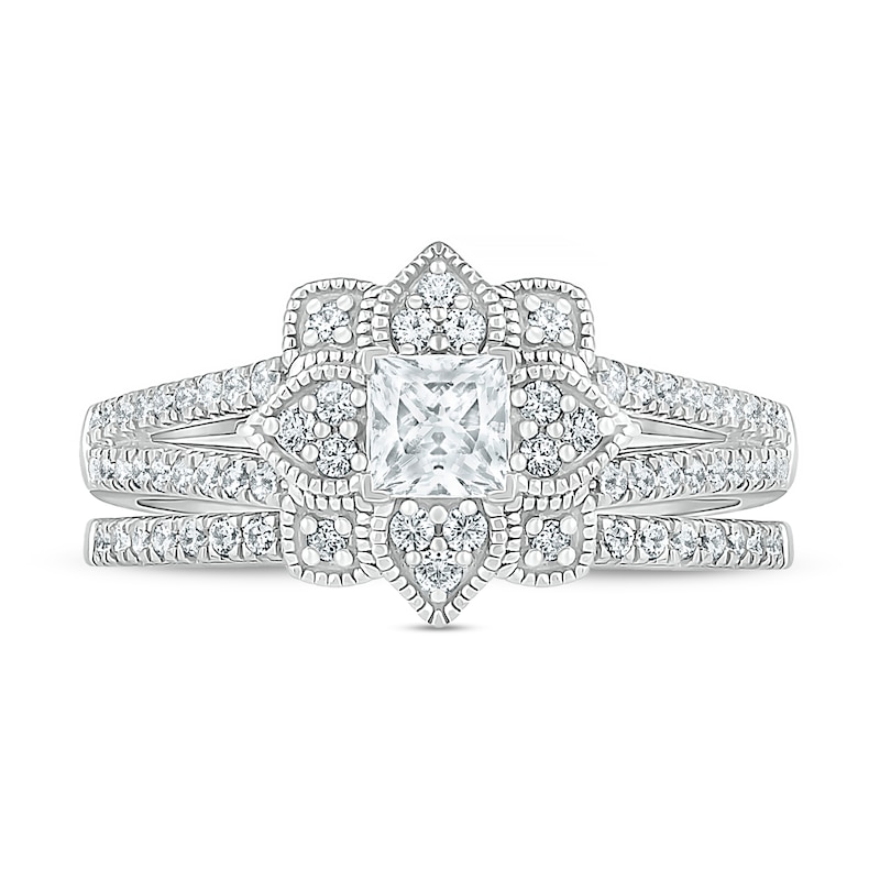 0.69 CT. T.W. Princess-Cut Diamond Flower Frame Vintage-Style Bridal Set in 10K White Gold