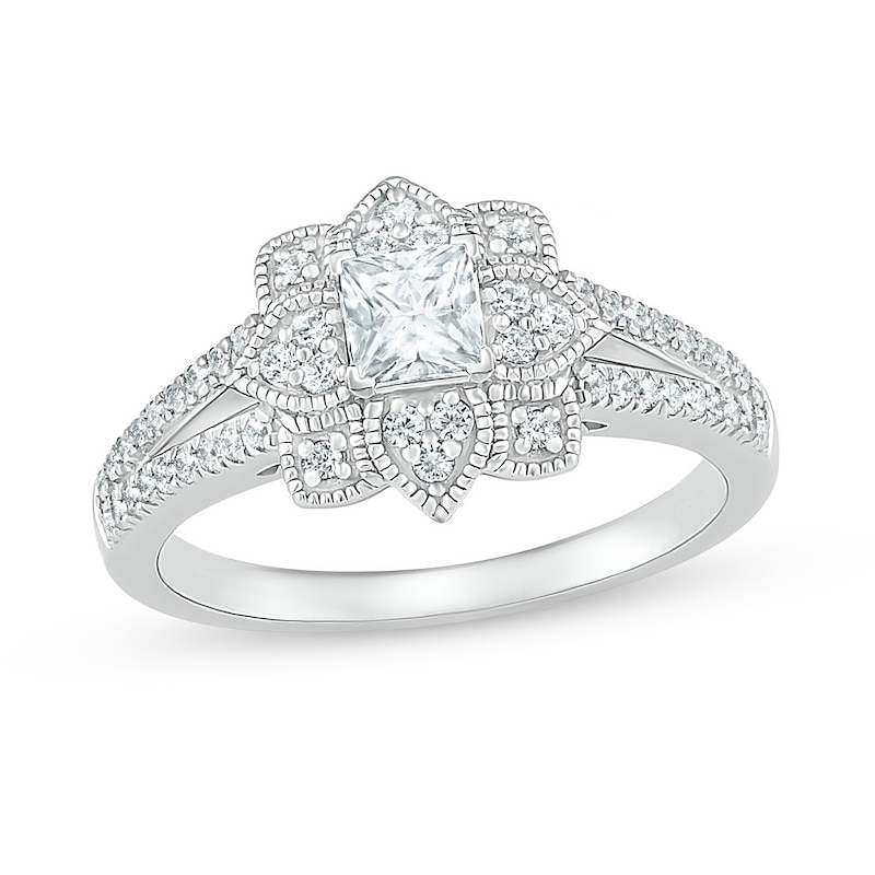 0.69 CT. T.W. Princess-Cut Diamond Flower Frame Vintage-Style Bridal Set in 10K White Gold