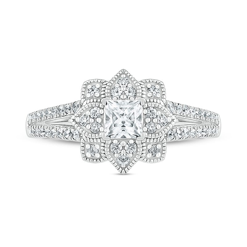 0.69 CT. T.W. Princess-Cut Diamond Flower Frame Vintage-Style Bridal Set in 10K White Gold