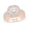 Thumbnail Image 1 of 0.69 CT. T.W. Princess-Cut Diamond Double Cushion Frame Vintage-Style Bridal Set in 10K Rose Gold