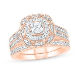 0.69 CT. T.W. Princess-Cut Diamond Double Cushion Frame Vintage-Style Bridal Set in 10K Rose Gold